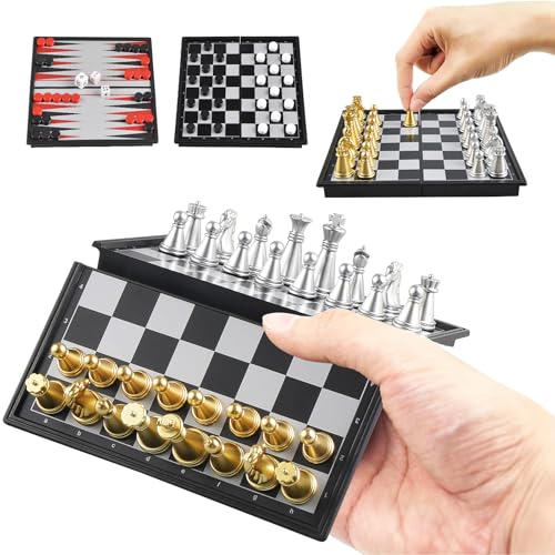 Juego 3 en 1 Ajedrez, Damas y Backgammon Mini 5'' Magnético miniatura 1