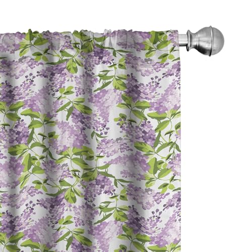 ABAKUHAUS Mauve Vorhänge 2er-Pack, Frühlings-Baum mit vibrierendem Blüten-Frangrance-Botanik-Betriebs-Eco Illustrations-Druck, 4 Stück 150 cm x 225 cm, Grün Lila