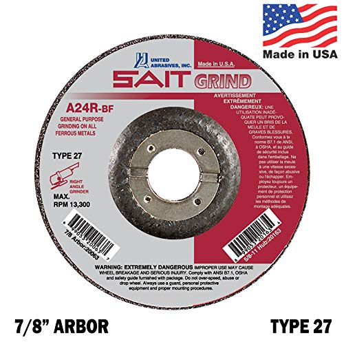 SAIT A24R-BF Abrasive Grinding Wheel 4-1/2 inch Type 27 Grinding Discs with 7/8 Arbor Qty 5