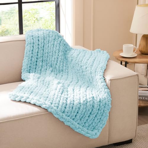 Image of L'AGRATY Chunky Knit Throw Blanket for Couch, 30 x 40 Inches, Light Blue