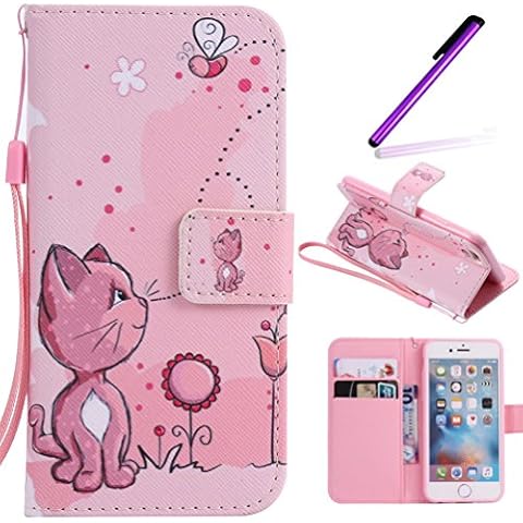 iPhone 6S Case,iPhone 6 Case,LEECOCO Fancy Paint Design Wallet Case with Card Slots Shockproof Colorful Floral PU Leather Flip Stand Magnetic Case Cover for iPhone 6 / 6S 4.7 Inch,Pink Cat Cover