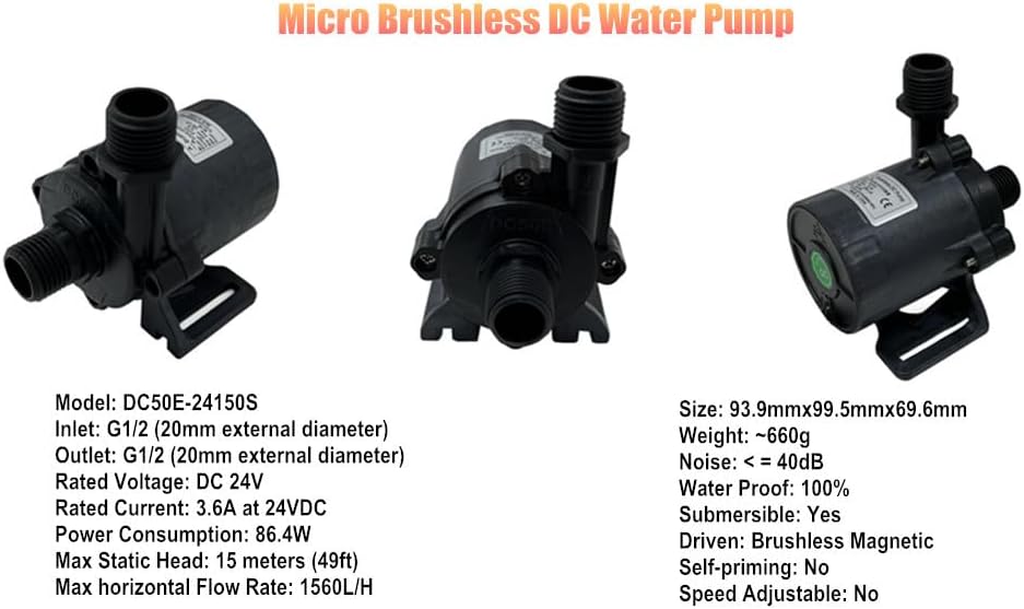 Miniatura 3 de SHYSKY Bomba sumergible de agua DC sin escobillas de potencia pequeña DC50E-24150S 24V 86W 15M 49ft Lift 412GPH Circulación continua de bajo ruido