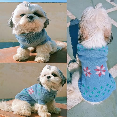 Image of Lulala Turtleneck Dog Sweater - Winter Coat Apparel Classic Cable Knit Clothes with Leash Hole for Cold Weather, Ideal Gift for Pet (Blue, 8 Inch)