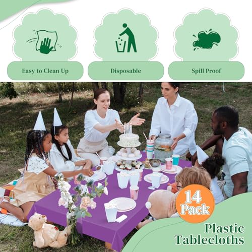 Image of Purple 14 Pack 54 x 108 Inch Plastic Tablecloths, Disposable Rectangle Tablecloth, Party Table Cover Plastic Table Cloth