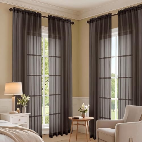 Image of Chocolate Bedroom Curtains 2 Panel Sets 96 Inch Length, 59 Inch Extra Wide Light Filtering Voile Drapes Light Airy Window Drapes for Patio Door Living Room Bedroom Dining, 59Wx96L Inches