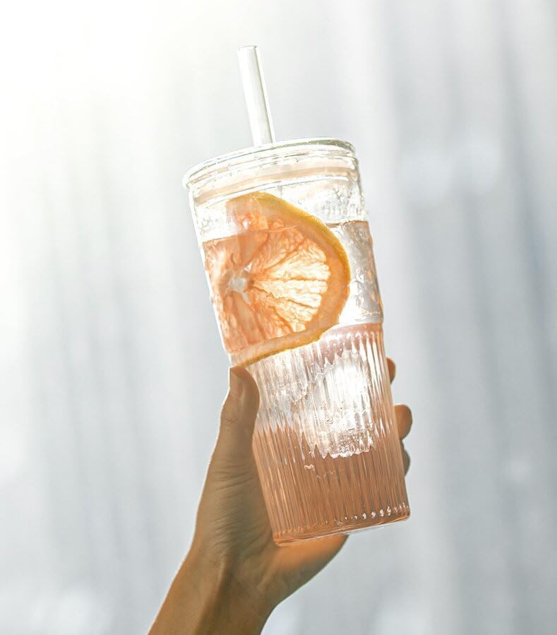 Image of Ash & Roh 550ml Large Ribbed Glass Cup with Straw, Reusable Glass Tumbler with Lid for Iced Coffee, Bubble Tea, and Smoothies (Pack of 1)