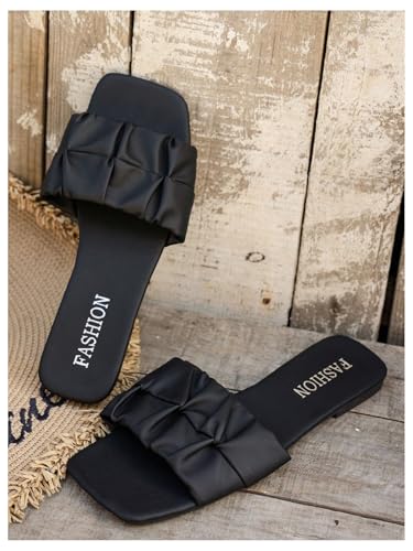 OYOANGLE Women's Ruched Band Open Square Toe Flat Sandals Slip On Summer Vacation Casual Slides2