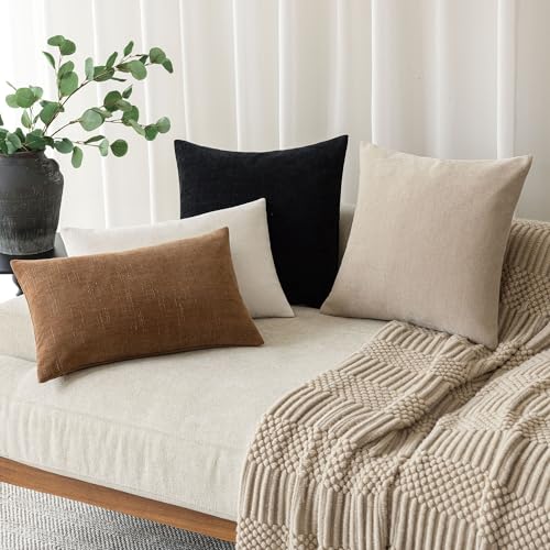 Image of Foindtower Pack of 2 Soft Textured Throw Decorative Pillow Covers Square Accent Solid Cushion Cover Cozy Farmhouse Pillow Case with Zipper for Couch Sofa Bedroom Living Room 18x18 Inch, Black