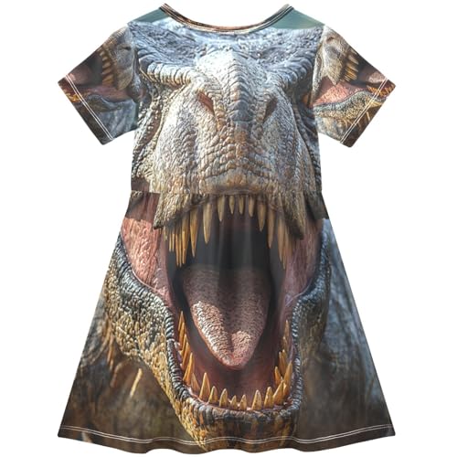 Pigsaly Girls Short Sleeve Dress Jurassic Tyrannosaurus Rex Roared Fiercely Dinosaur Girls Summer Dress 5-6T2
