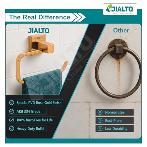 Image of JIALTO Premium Gold Finish Towel Ring - Wall Mounted, Rust-Free, Stainless Steel Towel Holder for Bathroom & Kitchen (Gold, Pack of 1)