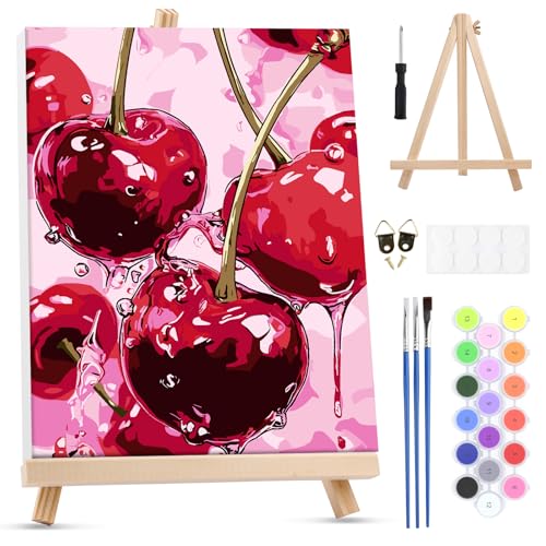 MXJSUA Cherry Framed Paint by Numbers for Adults Beginners, Easy Adults' Paint-by-Number Kits on Canvas with Easel, Cherry Acrylic Number Painting Crafts Kits Gifts for Home Decor, 8x10inch