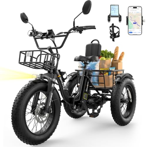 Skeri Electric Tricycle for Adults, 750W(Peak 1350W) Motor Etrike, 20'x4' Folding Fat Tire Electric Trike, 48V13Ah Battery, 3-Wheel Electric Bike, Front & Rear Basket & Differential, Classic Black