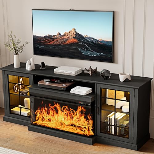 Image of MXV 80'' Fireplace TV Stand, Farmhouse Entertainment Center with 3 Sided Glass TV Stand, Modern Media Console Table with Storage Drawers & Cabinets with LED Flame and Lights for Living Room, Black