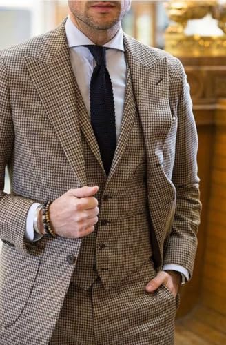 Kromoc Men's Houndstooth Peak Lapel Suit Prom 3-Piece Jacket Vest Pants Wedding Casual Daily2