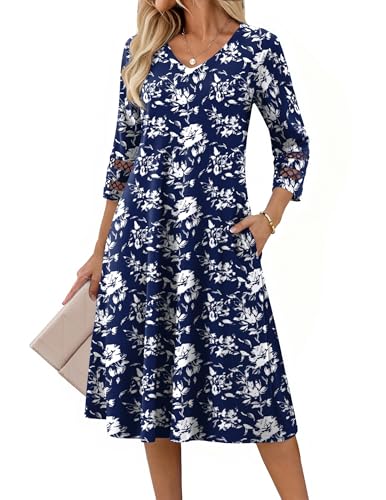 Zeagoo Womens 3/4 Sleeve Dress A Line Flare Midi Sundress with Pockets