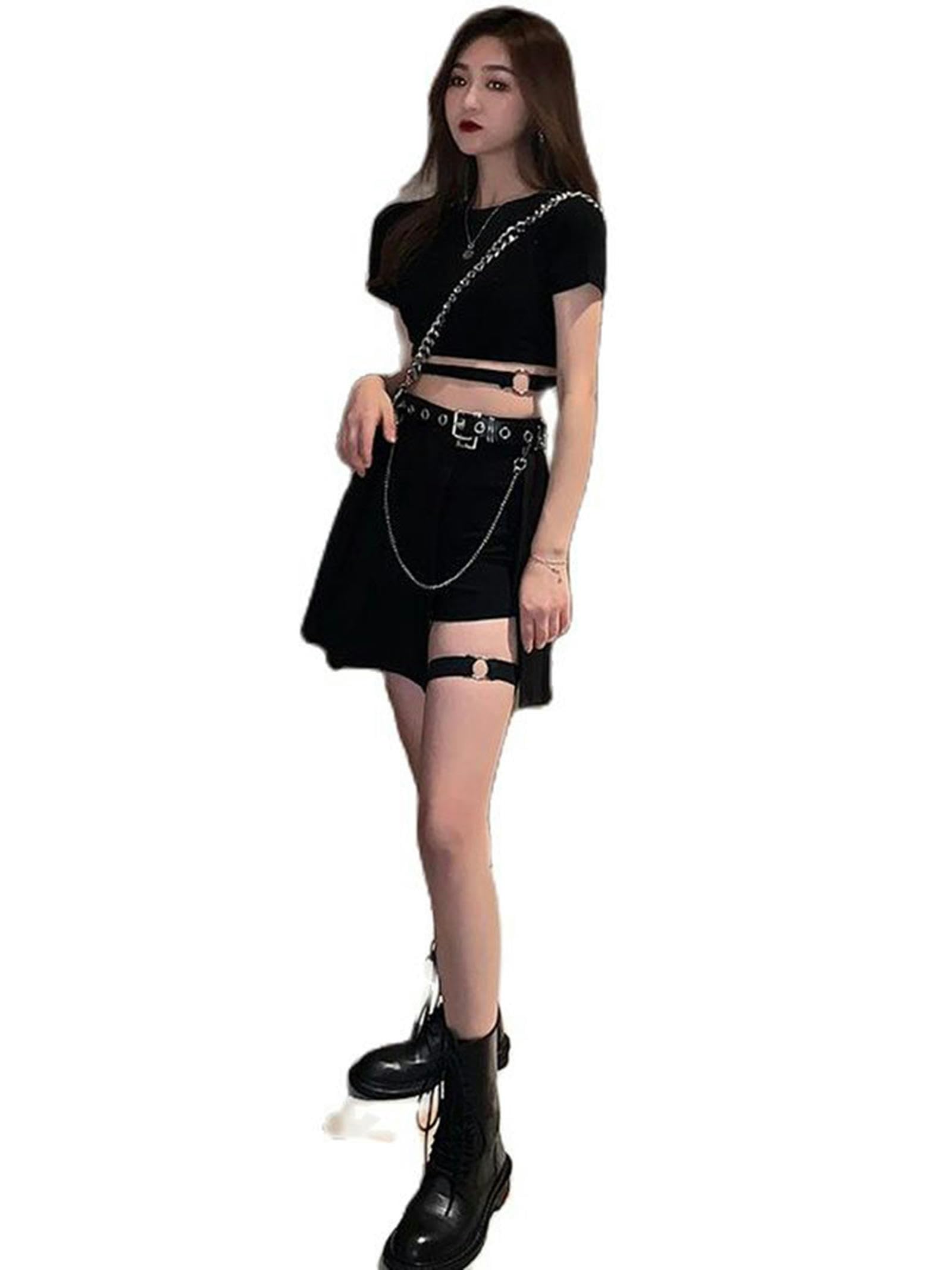Sommer Y2K Cool Girl Hip Hop Zweiteiliges Rock-Set Streetwear Harajuku Kette Crop Top + Mini-Faltenrock-2 Stück-M