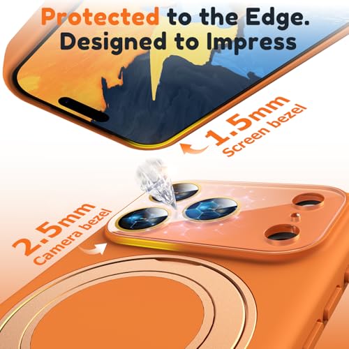 Image of Silicone 360 Spin Magnetic Stand Case for iPhone 17 Pro Max, [Compatible with Mag-Safe][Reinforced Hard Camera Protection] Liquid Silicone Rubber Phone Cover with Ring, Camera Button, Orange