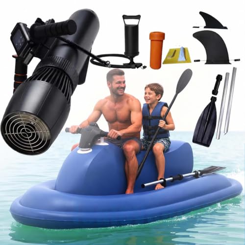 Motorized Inflatable Ride-On Watercraft Pool Float - Summer Electric Motor Boat Jet Ski Inflatable Foldable Boat With 500w Underwater Scooter,Detachable Dual-Fin,Heavy-Duty PVC Material ,Boat+Thruster