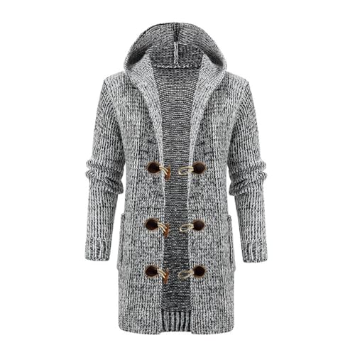 Mens Casual Mid Length Sweaters Cardigan Horn Button Up Hooded Cardigan Ribbed Knit Sweater Outwear