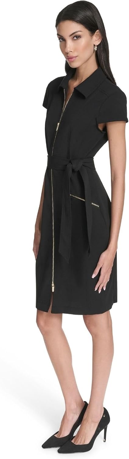 Halston Women's Cap Sleeve Zip Up Belted Shirt Dress