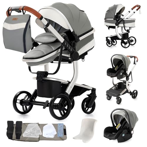 MoLi Cuir PU Poussette 3 en 1, Poussette Bebe avec Mode Double Poussée Réversible, Pousette 3 en 1 avec Nacelle Grande, Poussettes Trio Cadre en Alliage...