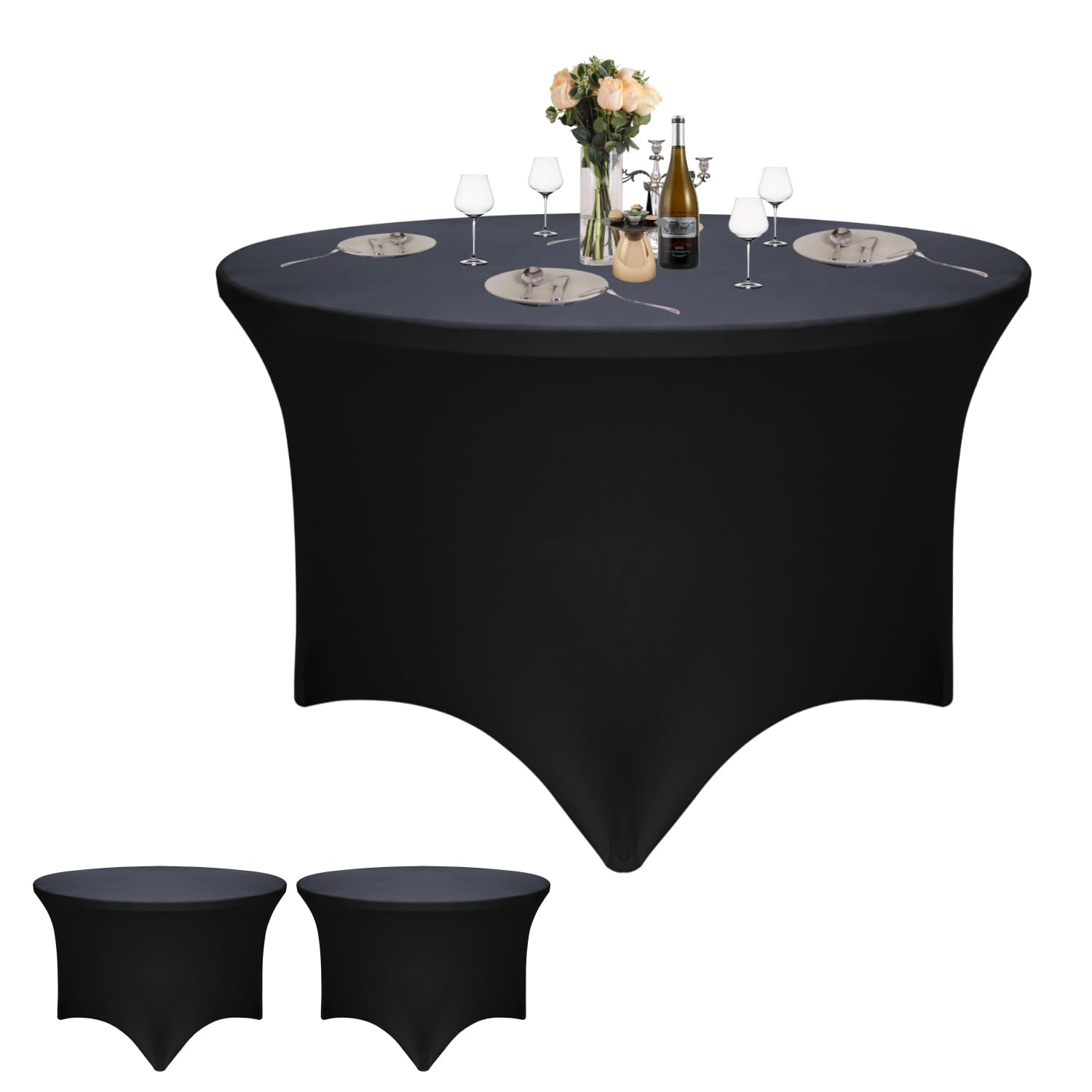 Photo 1 of 2 Pack Black 60-Inch Diameter x 30-Inch High Round Spandex Tablecloth for 5FT Round Tables|Fitted Stretch Tablecloth with Foot Bag for Party, Wedding, Birthday, Banquet, Vendor Stand