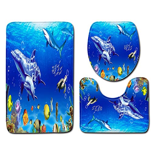 XUEPING 3-teiliges Set, Rutschfeste Badteppich, Badematte+Pedestal Carpet+WC-Sitz 3D Sea World-Muster 2 Größen (Farbe…