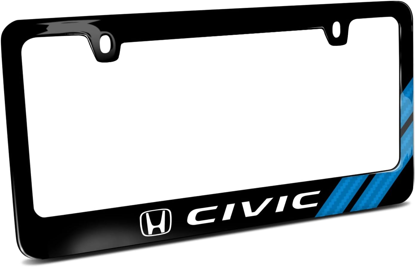 iPick Image Made for Honda Civic Blue Carbon Fiber Texture Stripe Black Metal License Plate Frame