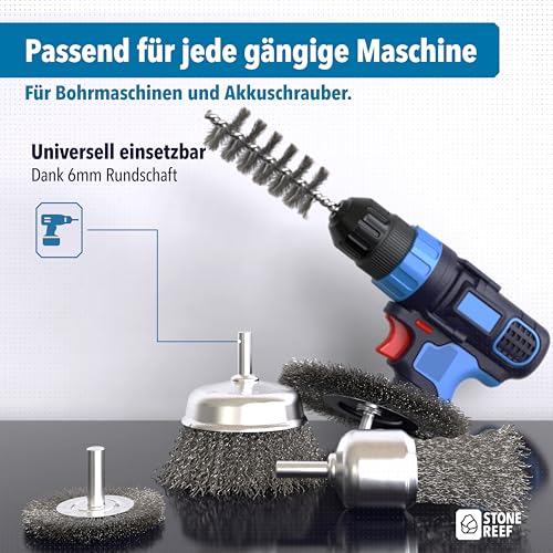 Drahtbürste 5er Set [6mm Rundschaft] Bohrmaschinen, Akkuschrauber Draht Aufsatz - Universalaufsätze zur Oberflächenbearbeitung - Ideal zum Entrosten und Abtragen von Farbe, Holz und Metall