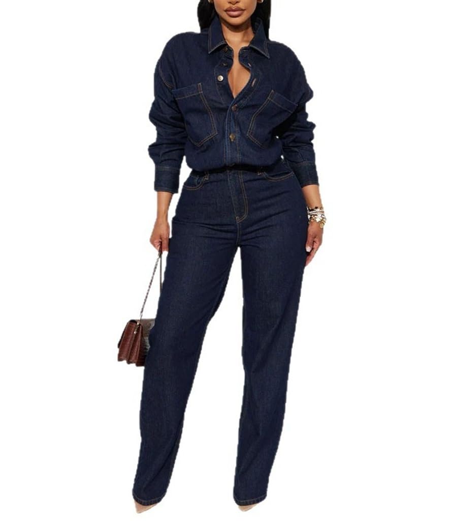 Denim Jumpsuits for Women Long Sleeve Button Down Shirt Fitted Waist Wide Leg Jeans Jumpsuits Denim One Piece Outfit-image-0