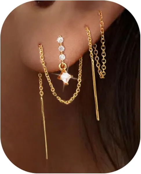 Trendy Zircon Tassel Chain Threader Earrings Set for Women Chain Dangle Earrings Dainty Rhinestone Hoop Earrings Set for Women Stack Jewelry Long Drop Ear Line