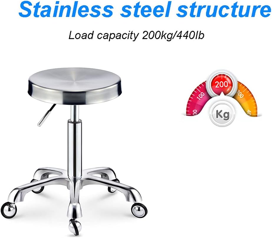 Adjustable Salon Stool with Wheels That are Not Easy to Wrap Hair, Load-Bearing 440 Ib Heavy Duty Stainless Steel Work Shop Stool,Hydraulic Swivel Rolling Stool for Gold