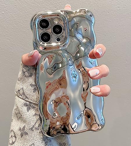UEEBAI Case for iPhone 13 Pro Max 6.7 inch, Cute Solid Color Curly Wave Shape Shockproof Soft TPU Bumper Phone Case, Candy Water Ripple 3D Silicone Slim Pretty Case Non-yellowing Cover,Silver