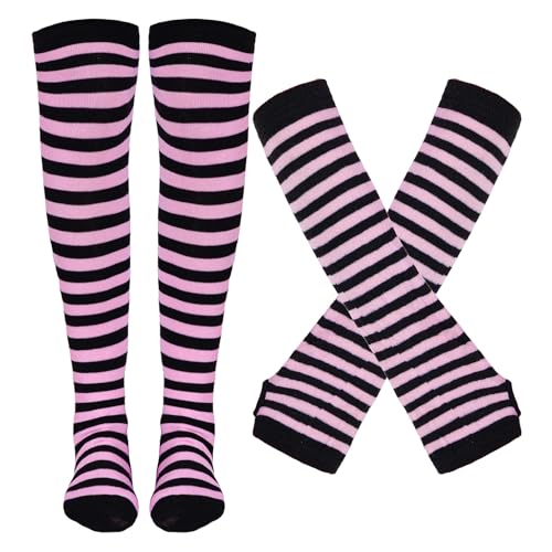 Image of Tongcloud Women's Striped Knee High Socks, Over Knee Thigh High Socks, Arm Warmer and Fingerless Gloves Set