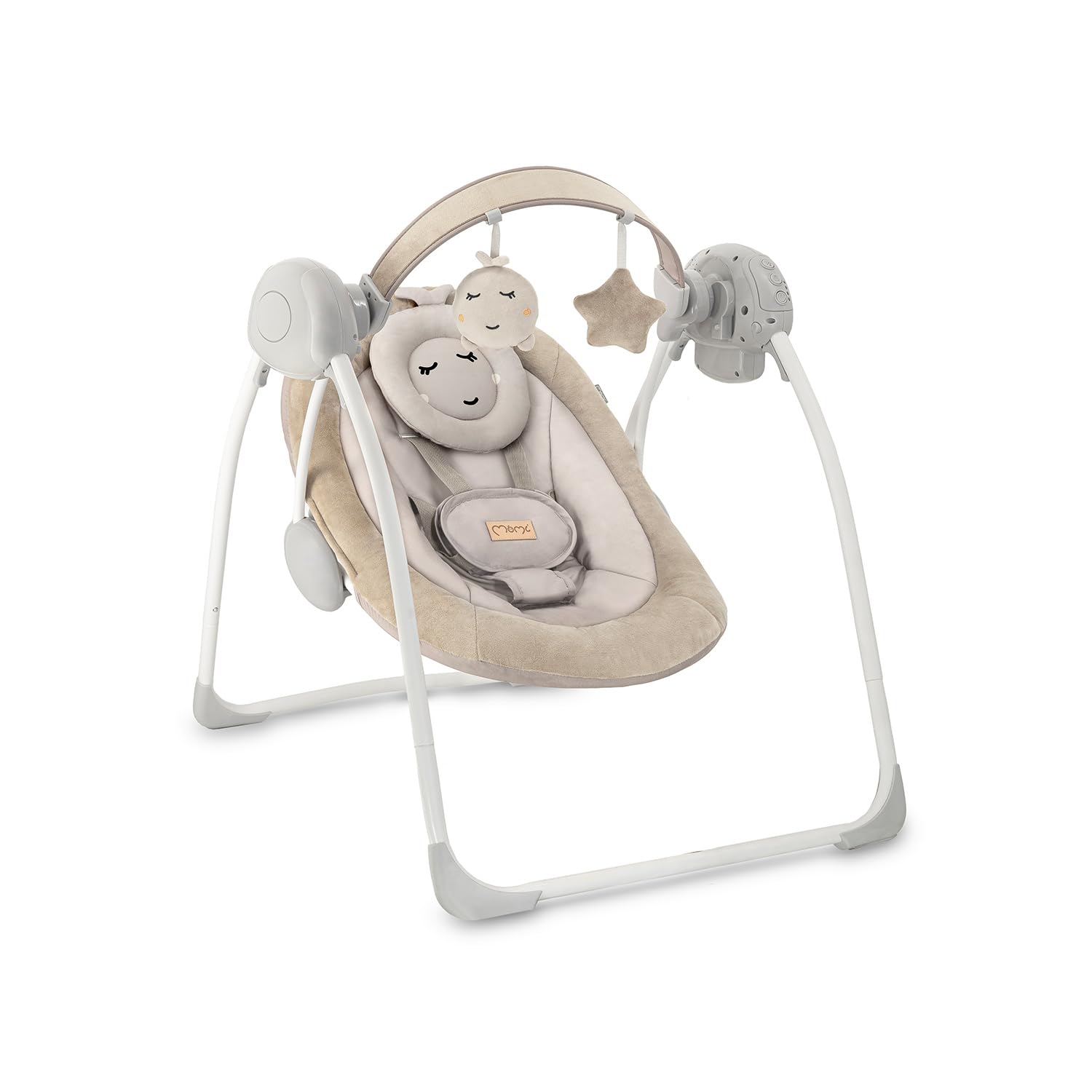 Balancelle MoMi LISS pour bébés jusqu'à 9 kg, pliable, à piles ou secteur avec câble USB, harnais 5 points, arche avec jouets, 6 mélodies, minuterie, 5 vitesses de balancement