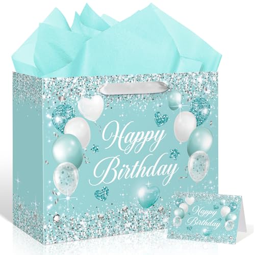 Teal Birthday Gift Bag for Girls Women Turquoise Birthday Gift Wrap Bag with Handle Teal Wrapping Paper Greeting Card for Kids Baby Shower Anniversary Turquoise Party Favors Decorations Supplies