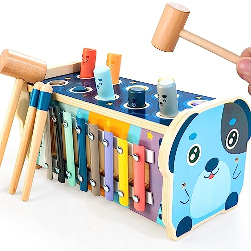 Image of KIDWILL LAND Wooden Hammering Pounding Toy Montessori Toys for 1+ Year Old | 12+ Months Kids Early Development Toy with Pounding Bench, Xylophone, Number Sorting Maze, Gifts for Toddlers 1 2 3 Year Old