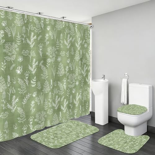 Chrainy 4Pcs Green Leaves Shower Curtain Set with Rugs Plants Floral Rustic Bathroom Decor Set...