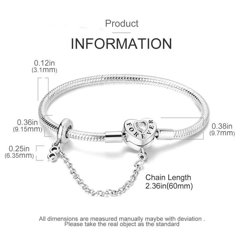 Image of 925 Sterling Silver Snake Chain Bracelets Fit Pandora Charms,Heart Clasp Bracelets Perfect For Any Glamour Gift for Women with 5 A Cubic Zirconia