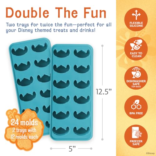 Image of Disney Stitch Silicone Ice Cube Tray, 2-Pack 5 inchx12.5 inch, BPA-Free | Flexible design pops character-shaped cubes out easily, dishwasher safe, doubles for chocolate and gummies, makes 24 molds