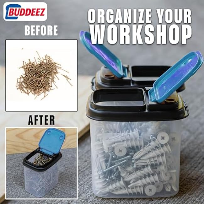 Buddeez Multi-Purpose Hardware Storage Bins Bits and Bolts Small Storage Containers, Hardware Organizers, Clear Containers With Blue Stackable Lids, Bolt and Screw Organizer (1 Quart - 12 Pack)