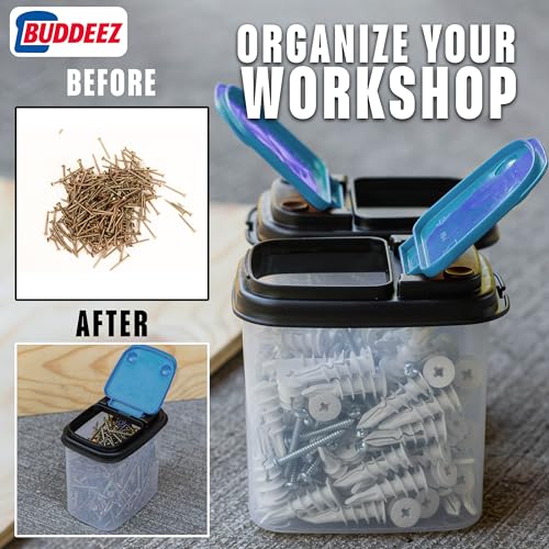 Image of Buddeez Multi-Purpose Hardware Storage Bins Bits and Bolts Small Storage Containers, Hardware Organizers, Clear Containers With Blue Stackable Lids, Bolt and Screw Organizer (1 Quart - 12 Pack)