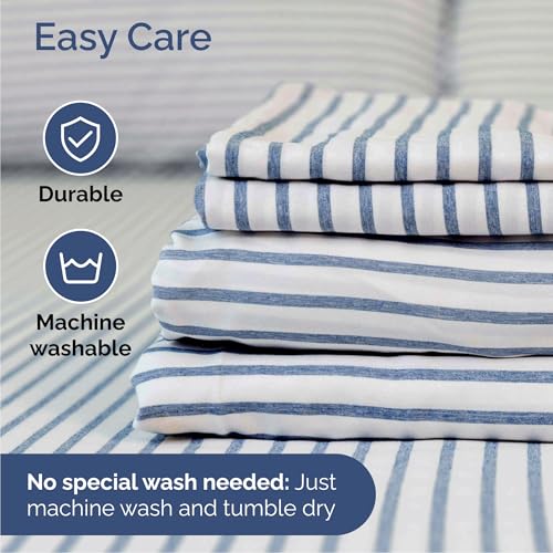 Image of Cal King 6 Piece Bed Sheet Set - Breathable & Cooling Sheets - Blue Stripes | Ultra-Soft Hotel Luxury Bedding Set with 8-16 Inch Deep Pockets, 1 Flat & 1 Fitted Sheet & 4 Pillowcases, Wrinkle & Fade Free