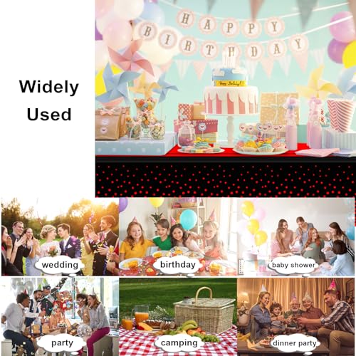 Image of 12 Pack Black and Red Tablecloth Party Decorations Plastic Black Tablecloth Printed Red Table Runner 54 x108 Inch Disposable Rectangle Table Cover for Birthday Wedding Graduation Anniversary