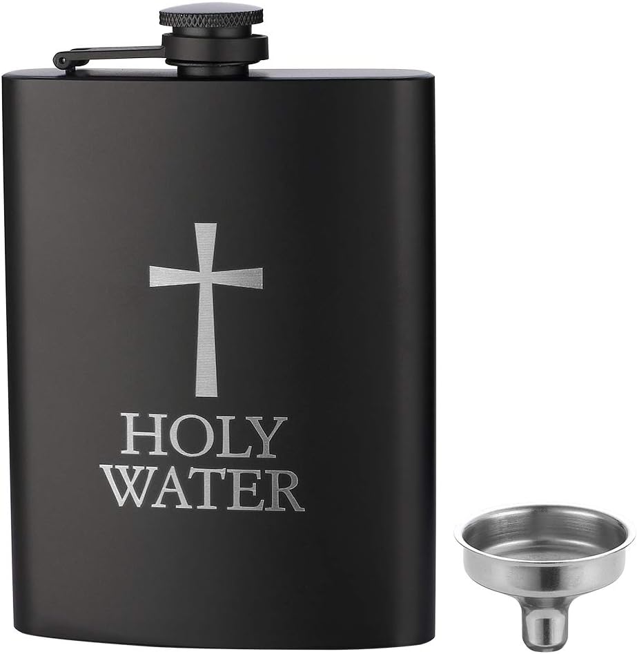 HOLY WATER, 8oz 18/8#304 Stainless Steel Black Hip Flask for Liquor, Leakproof with Funnel Gift Package