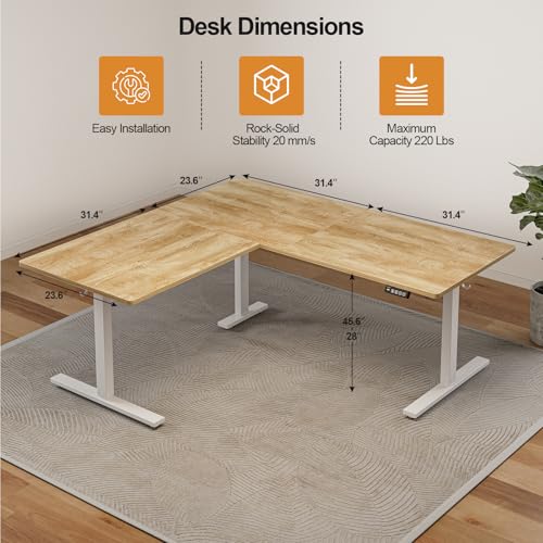 Image of Grandder 63 x 55 Inch L Shaped Standing Desk, Electric Height Adjustable Corner Stand Up Desk, Sit Stand Corner Table Home Office Table, Oak Top White Frame