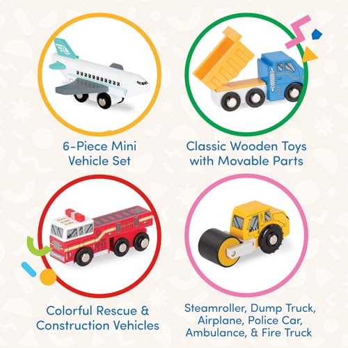 Battat BT2706Z Miniature Toy Cars – 6Pcs Wooden Minis – Classic Rescue & Construction Vehicles thumb #2