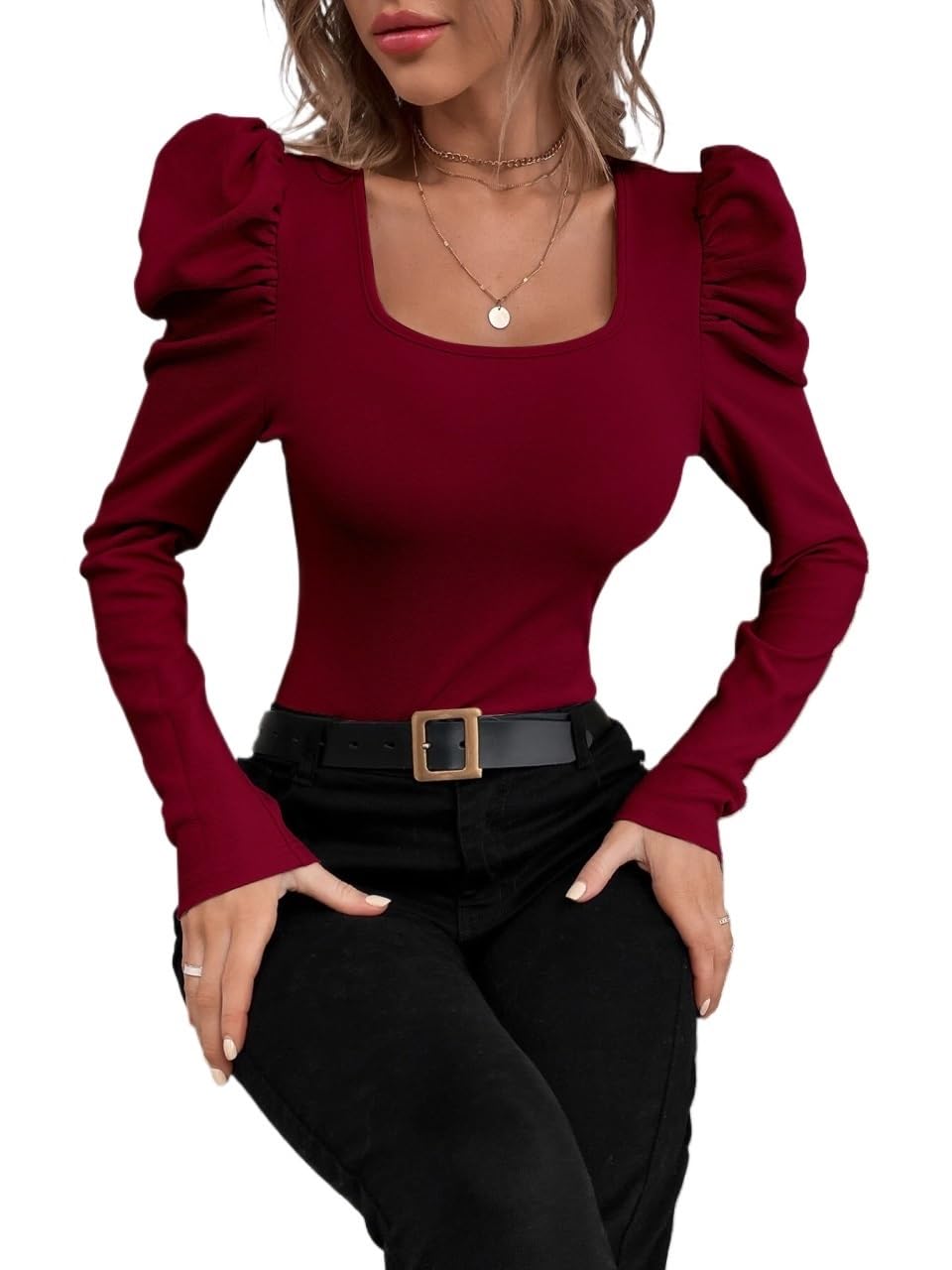 Camiseta Ajustada de Punto Acanalado Informal con Manga Larga y Cuello Cuadrado for Mujer Color Caqui pequeño