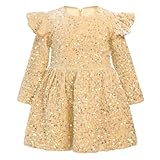 Girls Sparkly Sequin Velvet Christmas Dress Long Sleeve Ruffle Baby Princess Holiday Xmas Party Fall Outfit for Gold Toddler Champagne A 12-18 Months