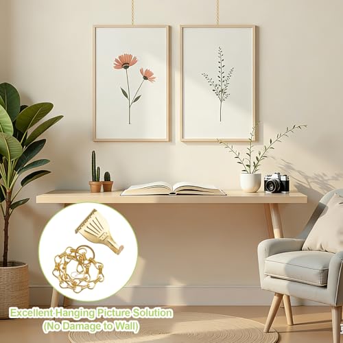 Image of Picture Hanging Kit 10Pcs Rail Hooks with 10Pcs Chains, Picture Display Hanging System for Wall Pictures, Exhibition (Detachable Chain, Gold)